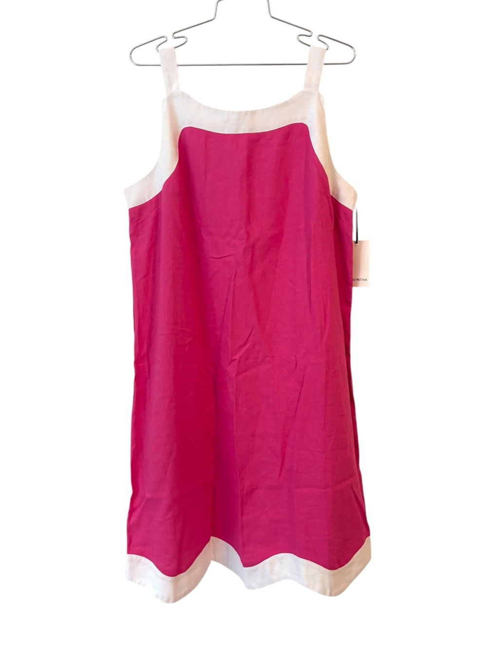 NWT For Cynthia Linen Hot Pink Dress With White Necklace and Hem Summer